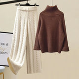 Warm 3 Piece Sets Womens Outfits Office Ladies Turtleneck Knitted Sweater+woolen Parkas Vest+wide Leg Knitting Pants