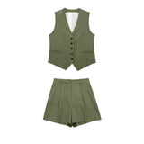 Fongt Women's 2025 Spring New Fashioned Colored Flax-Blend Vest + Shorts Set