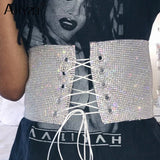 Crystal Sequins Cummerbunds Woman Rhinestones Belt Cummerbund Wide Women's Streetwear Lace Up Corset