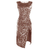 Popular Nightclub Sexy Dress Dress Irregular Sequin Forked Dress-Outfit