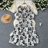 Fongt Retro Fashion Print Dress Women Loose Strap To The Waist Thin A Word Big Pendulum Long Skirt
