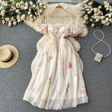 Fongt One-Word Shoulder-Scaring Dress Women's Summer Gentle Wind To Close The Waist Mashed Flowers Bubble Sleeve Yarn Fairy Dress