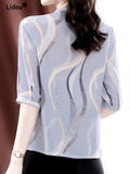 Temperament Elegant Fashion V-neck Ruffles Printing Shirt New Summer Chic Woman Blouse Half Sleeve Office Wear Women's