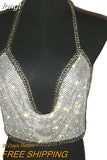 Women Backless Luxury Rhinestone Camis Crop Top Fashion Chunky Metal Chain Diamond Hollow Out Plunge Halter Tank