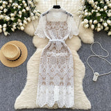 Fongt Court Feng Sleeve Lace Dress Hollow Hook Butterfly Tie Sling Temperament Elegant Dress