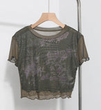 Vintage Wood Ear-Print Letter-Printing Mesh T-Shirt Summer Thin Short-Navel Blouse