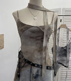 Fongt Girls Newspaper Tie-Dye Printing Net Waste Vest Irregular Rope Ribbon 1197