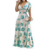 Fongt New Women's Temperament V-Neck Waist-Print Dress Fashion Dress