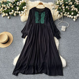 Fongt Industry Embroidery Loose Holiday Dress Women Large Size Show Lean Meat Sweet Tie With Round Lantern Sleeve Dress