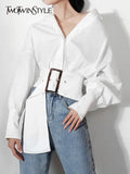 White Casual Shirt For Women Lapel Lantern Sleeve Loose Solid Minimalist Blouses With Sashes Female Fashion