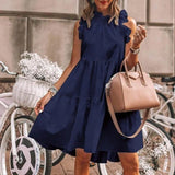 Women Summer Ruffled Casual Dress Loose O-Neck Sleeveless Solid Color Stitching Pullover Dress 2021 New Retro Mini