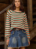 Fongt New Rainbow Striped Sweater Knitted Retro Round Long Sleeves Loose