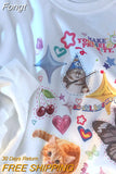 Harajuku Kawaii Cat Graphic Sweatshirt Women Vintage Funny Oversized Anime Hoodies Sweet Long Sleeve Tops Y2K
