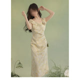 Fongt Spring Popular French White Wave Dot Three-Dimensional Flower Dress Pinch Folded Waist Thin Temperament Long
