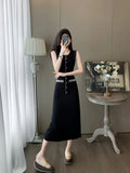 Fongt Elegant Sleeveless Round-Necked Pearl Knitted Long Dress Summer New High-End Simple Dress