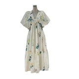 Congyuan Thousand Gold Tea Break Holiday Leisure V Collar Bubble Sleeve Print Bamboo Dress Temperament