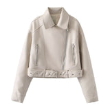 Fongt Women's ZA Autumn And Winter New Slad Zipper Belt Collar Leather PU Jacket