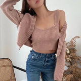 Autumn Winter Women With Camis Crop Knitted Cardigan Sweater Jumper 2 Piece