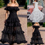 Fongt Summer New Women's Dress A Word Shoulder Lotus Side Hollow Lace Dress