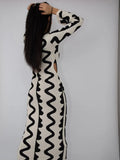 Cut Out Wave Knitted Maxi Dress Flare Long Sleeve Bodycon Sweater Dress for Women Elegant Sexy Party Evening