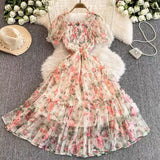 Fongt Gentle Wind And Rags Retro Tea Chiffon Dress Female Waist Temperament Shoulder Bubble Sleeve Mesh Dress