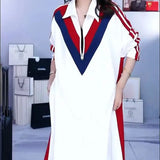 Contrasting Colors Spliced Long Dress Spring Autumn Turn-down Collar Female Clothing Stylish Zipper A-Line Waist Dresses-Outfit