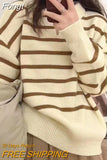 Casual Striped Loose Sweaters Women Turn-down Collar Winter Autumn Oversized Long Sleeve Knitted Tops Female