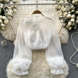 Fongt Shirt Female Design Sense Small Three-Dimensional Flower Bubble Sleeves To Reduce The Age Of Pure Color Chiffon Shirt Women's Long-Sleeved Top