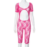 Fongt Women's Spring New Sexy Lace Splicing U-Neck Short-Sleeved Umbilly Joint