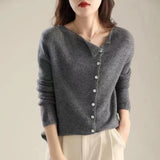 Fongt Bump Shirt ~ 2025 Autumn And Winter Single Row Buckle Cashmere Cardigan Women Solid Color Cashmere Low Round Collar Thin Knitted Outside
