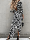 Zebra Stripes Lady Backless Dress Women V Neck Long Sleeve Slim Sexy Dress Spring Autumn Vintage Print Black White