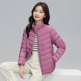 2023 Autumn And Winter New Light Down Jacket Female Short 90 White Duck Down Standing Collar Show Thin Casual Large Size Coat Tide-Outfit