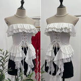 Fongt Shooting Hottie Belt Lotus Side Splicing Lace Bra Vest Word Shoulder Ribbon Short Coat 8013