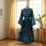 Fongt Court Lantern Long Sleeve V-Neck Belt With A Word Print Dress Elegant Swing Dress Long
