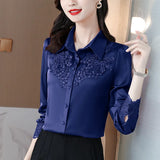 Fongt Spring 2023 New Shirt High-End Satin Stitching Lace Long-Sleeved Shirt-Outfit