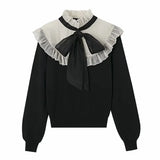 Contrast Color Organza Splicing Knitting Sweater Femme Long Sleeve Pullover Casual Lady Loose Tops