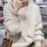 Basic Oversize Cotton Thick Sweater Autumn Loose Cashmere Sweater Elegant Long Sleeve V-neck Warm Pullovers Female