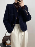 Autumn Winter Small Fragrant Tweed Jacket Coat Women Vintage Woolen Short Coats Streetwear Elegant Casual Slim Outwear