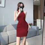 Dress Solid Colour Women's Dress Slim Sexy Knitting Slim Daily Ladies Sleeveless Mini Dress Summer Korean Style-Outfit