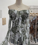 Fongt Shooting Retro Shoulder Tie-Dye Net Horn Long-Sleeved T-Shirt Irregular Lotus Leaf Side Ribbon Y2k Top 8012