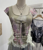 Fongt Industrial Lace Splicing Elastic Print With Bow Short-Sleeved T-Shirt 6185