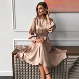 Solid Satin Casual Loose Dress O Neck Lantern Sleeve Sashes High Waist Elegant Mid Dress 2021 Spring New Women Party