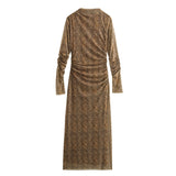 Fongt Women's Clothing 2025 Spring New Printing Mesh Collar Long Sleeve Folded Long Dress