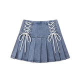Chic Blue Denim Skirt for Women 2024 Summer New High Waist A-line Skirts Y2k E-Girl Drawstring Bow Faldas Mujer-Outfit