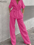 Women Elegant Office Trouser Suits 2PCS Summer Laple Neck Short Sleeve Blazer Top Matching Sets Casual Wide Leg Pant