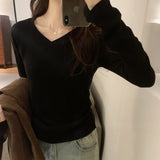 Style Ins Solid Color V-Collar Long-Sleeved Bottomed T-Shirt For Women In Autumn And