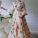 Fongt New Multi-Colored Half-High Collar Glide Open Lantern Sleeve Sleeve Chiffon Dress Chiffon