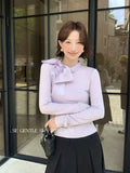 Fongt Xixi 2025 Autumn White Standard Korean Version Of Elegant Temperament Solid Color Tie With Thin Knitted Shirt Top Lady 89539
