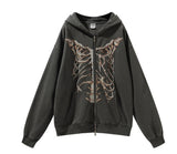 Fongt Skeleton Zipper Hoodie 90S Vintage Pattern Print Zipper Top Girl Sweatshirt
