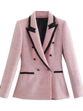 Women Tweed Blazers Thick Winter Elegant Slim Fit Pink Office Ladies Long Sleeve Pocket Coats Jacket Female Outerwear-Outfit